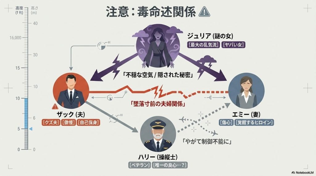 『タービュランス/絶空16,000フィート』登場人物の相関図。ザック、ジュリア、エミー、ハリーの複雑な関係性。