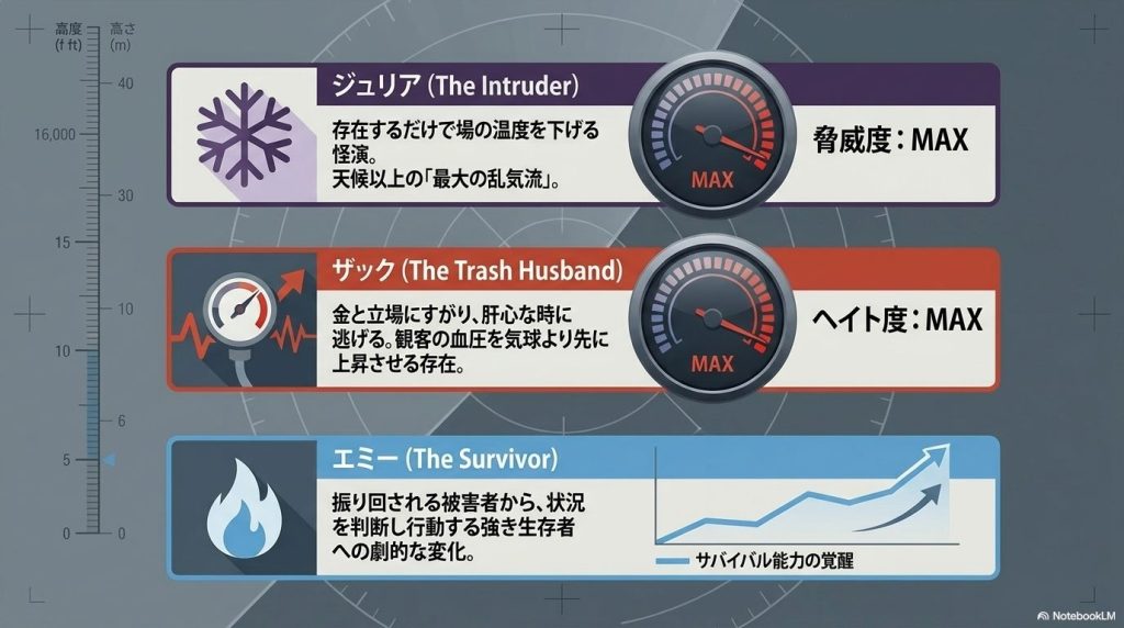 登場人物の特徴メーター。ジュリアの脅威度MAX、夫ザックのヘイト度MAX、妻エミーのサバイバル能力覚醒。