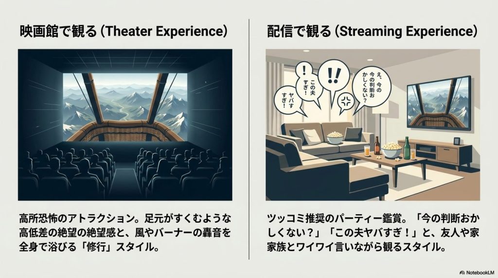 映画館でのアトラクション的な鑑賞体験と、配信でのツッコミ推奨スタイルの比較。
