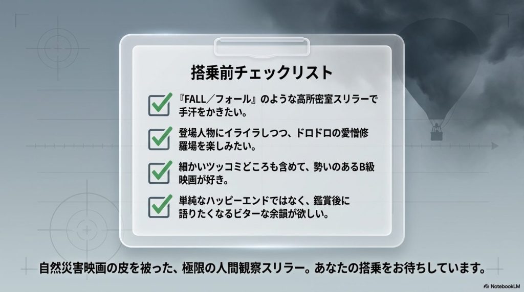 『タービュランス/絶空16,000フィート』をおすすめしたい人の特徴をまとめた搭乗前チェックリスト。