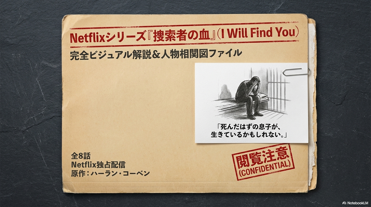 Netflixドラマ『捜索者の血』完全ビジュアル解説のタイトルスライド。「死んだはずの息子が、生きているかもしれない」というキャッチコピーが書かれている。