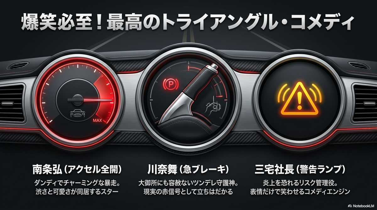 主要キャスト3人の役割を解説するスライド。アクセル全開で暴走する南条弘、急ブレーキとして立ちはだかるマネージャー川奈舞、警告ランプとして右往左往する三宅社長の3人による最高のトライアングル・コメディである点を解説。