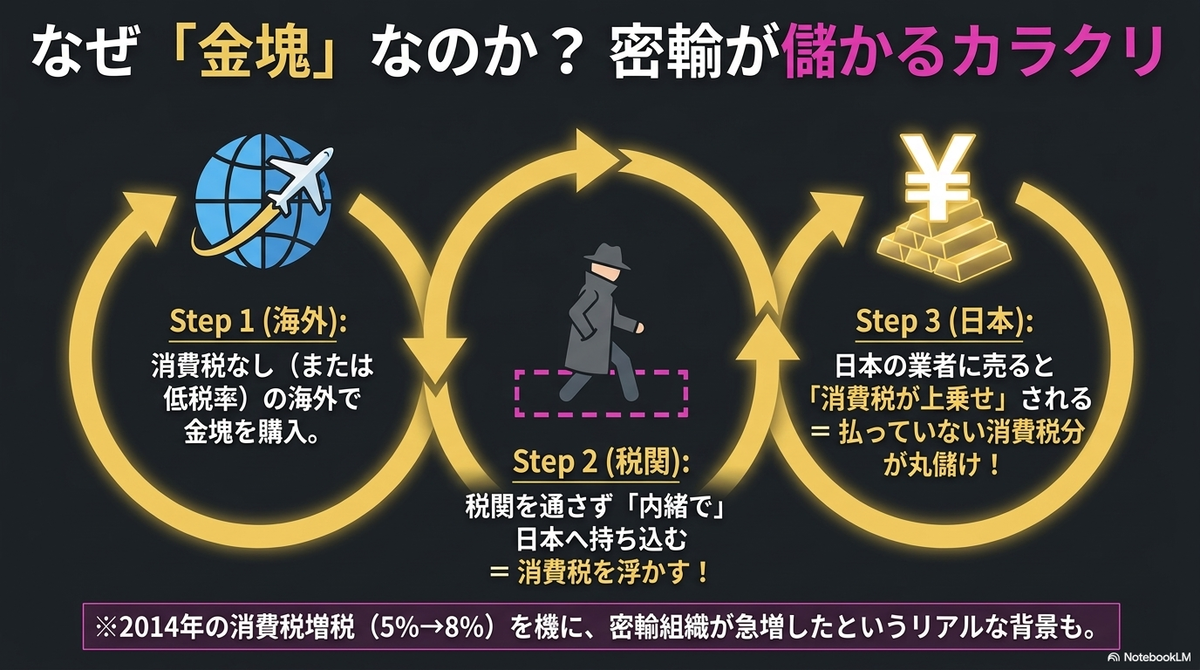 金塊密輸が儲かる3つのステップ(海外で消費税なしで購入、日本へ内緒で持ち込み消費税を浮かす、日本の業者に消費税上乗せで売り丸儲け)を説明した、飛行機と金塊のイラスト付きの図解スライド。