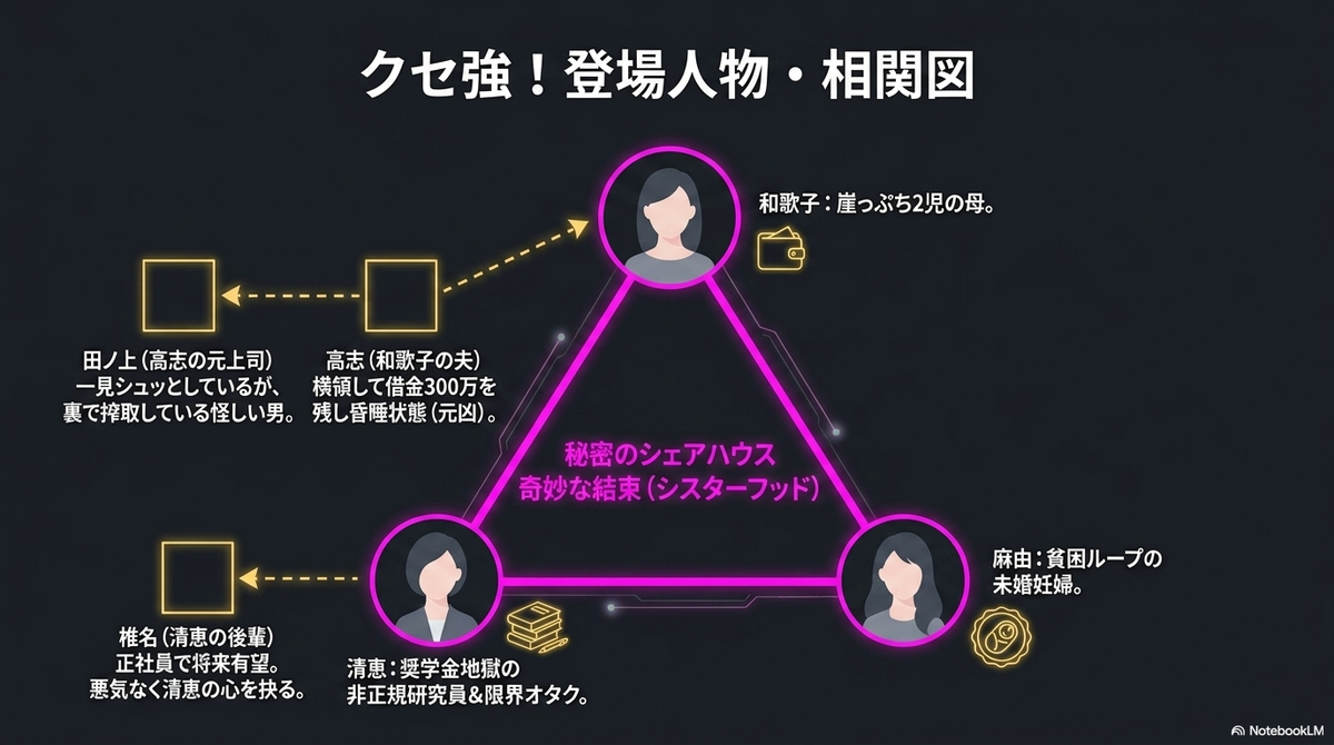 映画の登場人物相関図。和歌子、清恵、麻由の3人が「秘密のシェアハウス・奇妙な結束(シスターフッド)」で繋がり、彼女らを取り巻く田ノ上、高志、椎名との関係性を示した図。
