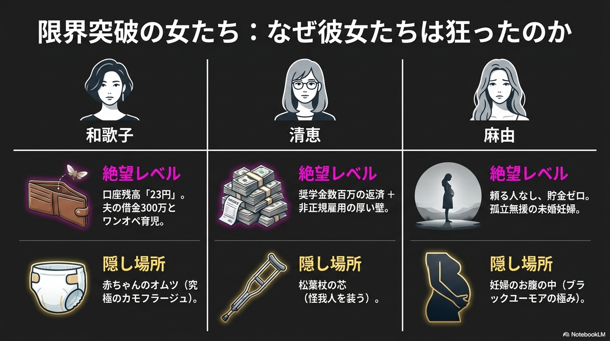 主人公3人(和歌子、清恵、麻由)の絶望レベルと金塊の隠し場所をまとめたスライド。和歌子は口座残高23円でオムツに、清恵は奨学金地獄で松葉杖に、麻由は貯金ゼロで妊婦のお腹に隠すことがイラスト付きで解説されている。