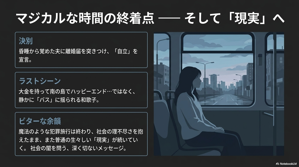 映画の結末の解釈スライド。夫との決別(離婚届)、ハッピーエンドではなくバスに揺られるラストシーン、そして魔法のような時間が終わり現実が続いていくというビターな余韻とメッセージを解説している。