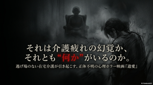 映画『遺愛』の紹介スライド。「それは介護疲れの幻覚か、それとも“何か”がいるのか。逃げ場のない在宅介護が引き起こす、正体不明の心理ホラー映画」という作品のキャッチコピーが記載されている。