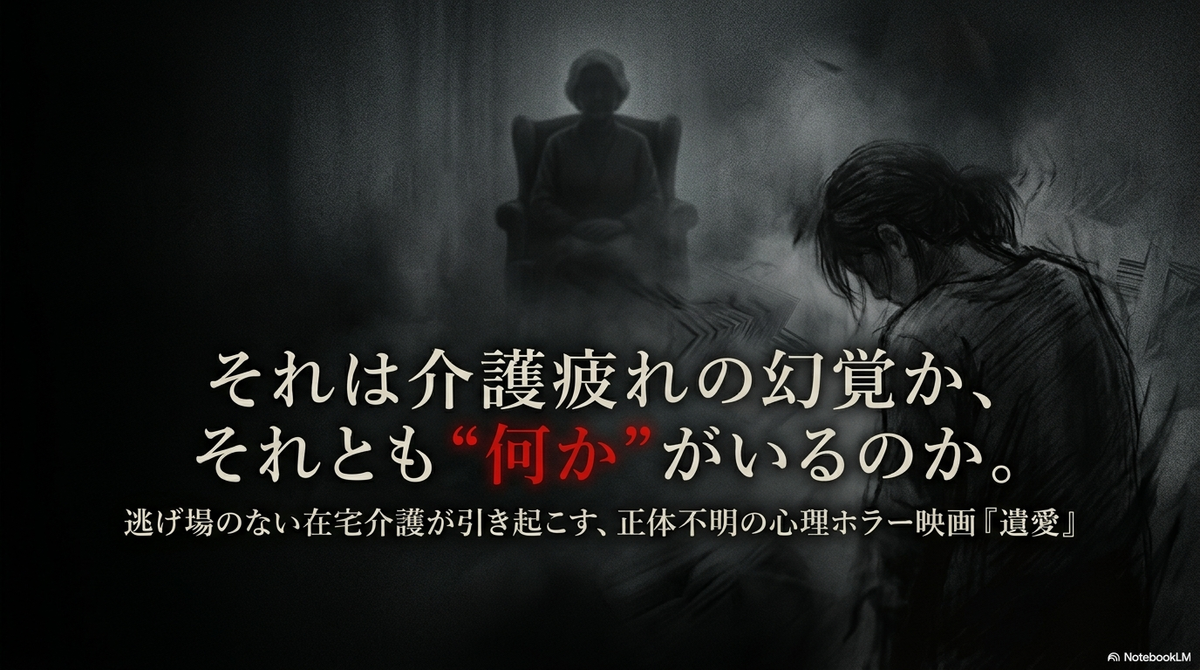 映画『遺愛』の紹介スライド。「それは介護疲れの幻覚か、それとも“何か”がいるのか。逃げ場のない在宅介護が引き起こす、正体不明の心理ホラー映画」という作品のキャッチコピーが記載されている。