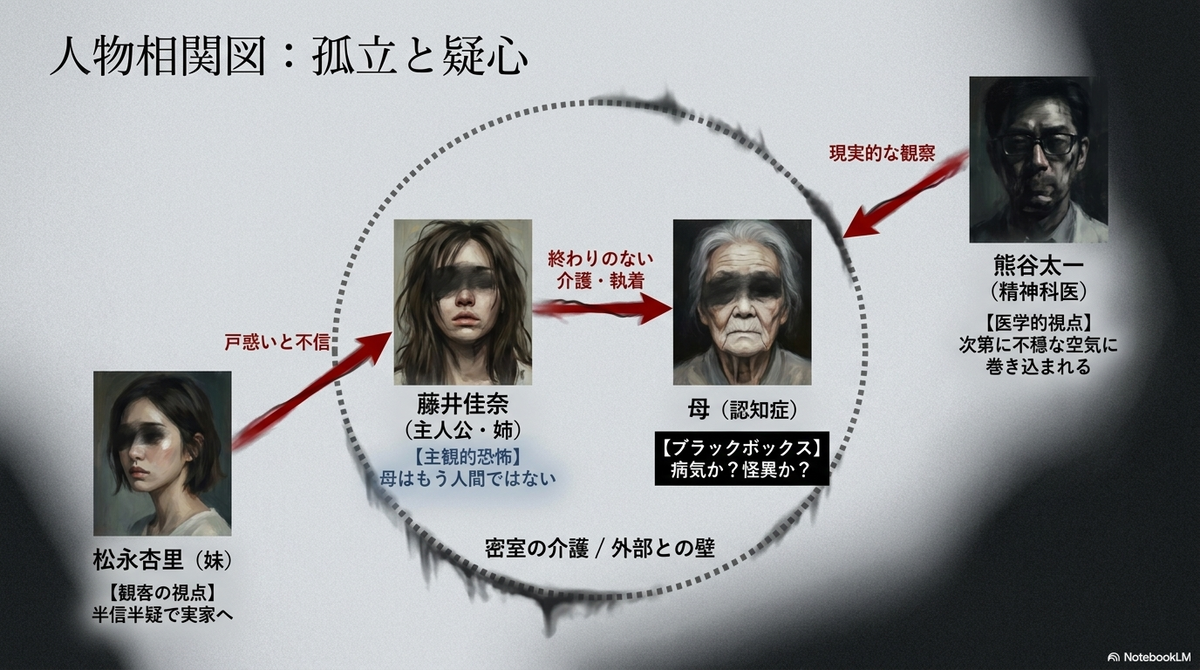 映画の主要登場人物4人の相関図。主人公・藤井佳奈（主観的恐怖）、認知症の母（病気か？怪異か？）、妹・松永杏里（観客の視点）、精神科医・熊谷太一（医学的視点）の関係性と、密室の介護による外部との壁が示されている。