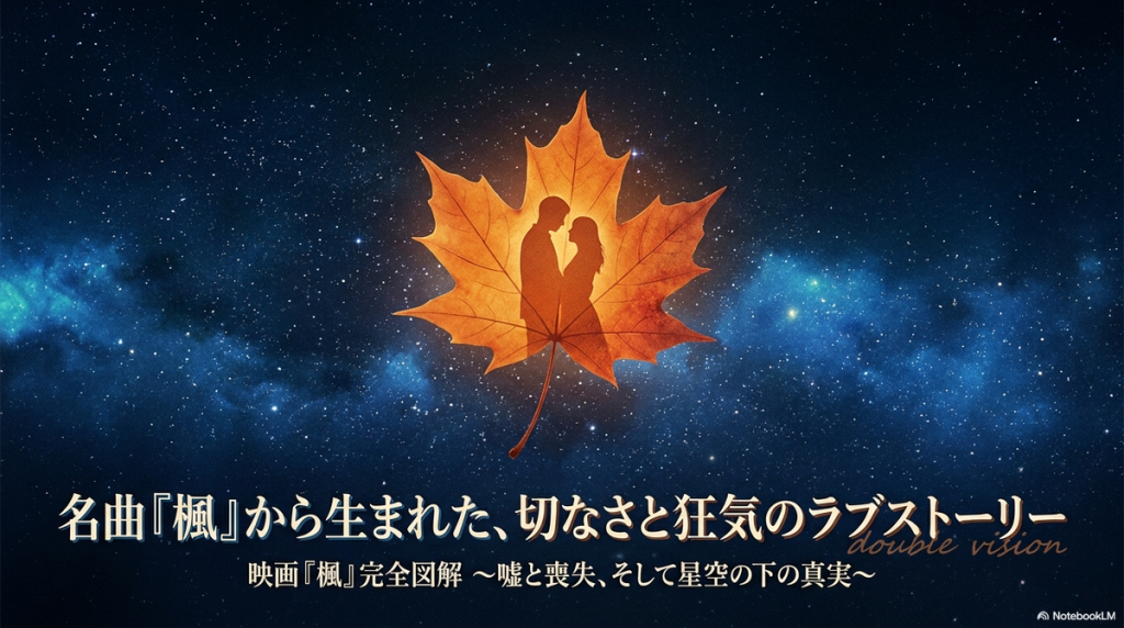 星空を背景にしたカエデの葉に浮かぶ男女のシルエットと、映画『楓』完全図解のテキスト