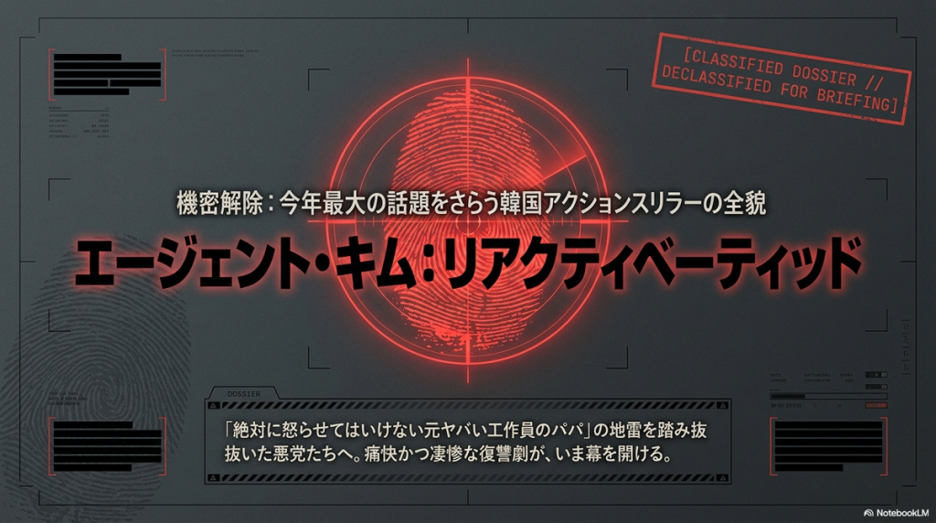 ドラマ「エージェント・キム：リアクティベーティッド」のブリーフィング資料風の表紙スライド。黒背景にレーダーやグリッド線が描かれ、「機密解除：今年最大の話題をさらう韓国アクションスリラーの全貌」というキャッチコピーが記載されている。