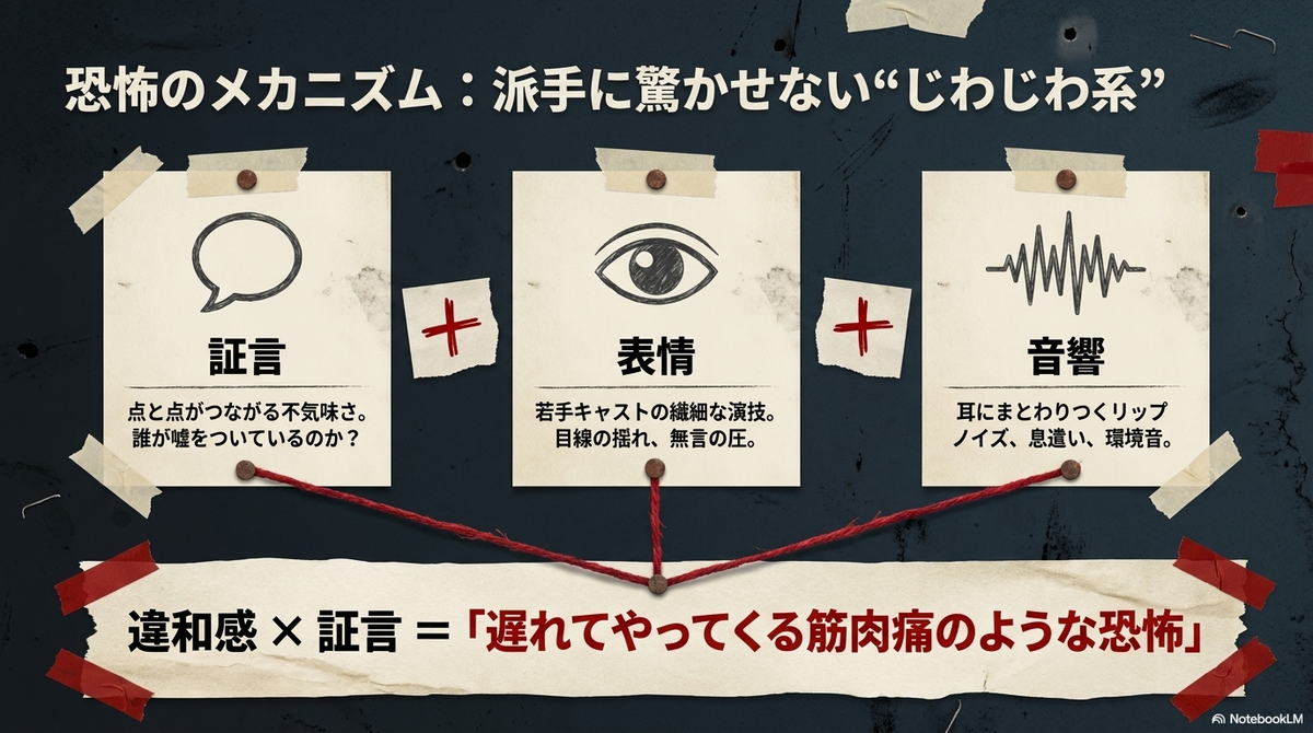 派手に驚かせないじわじわ系の恐怖のメカニズム。証言、表情、音響の要素が組み合わさることで「遅れてやってくる筋肉痛のような恐怖」になることを図解したスライド。  