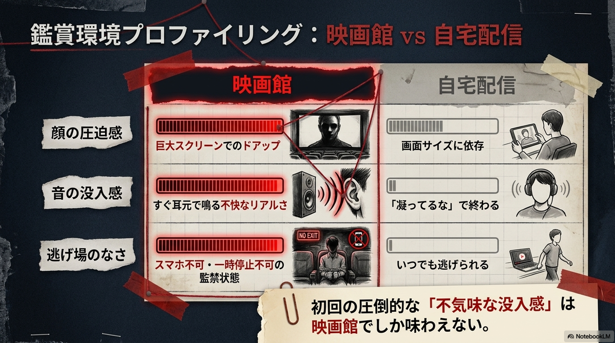 映画館と自宅配信の鑑賞環境の比較。顔の圧迫感、音の没入感、逃げ場のなさから、初回の圧倒的な不気味な没入感は映画館でしか味わえないと結論づけているスライド。  