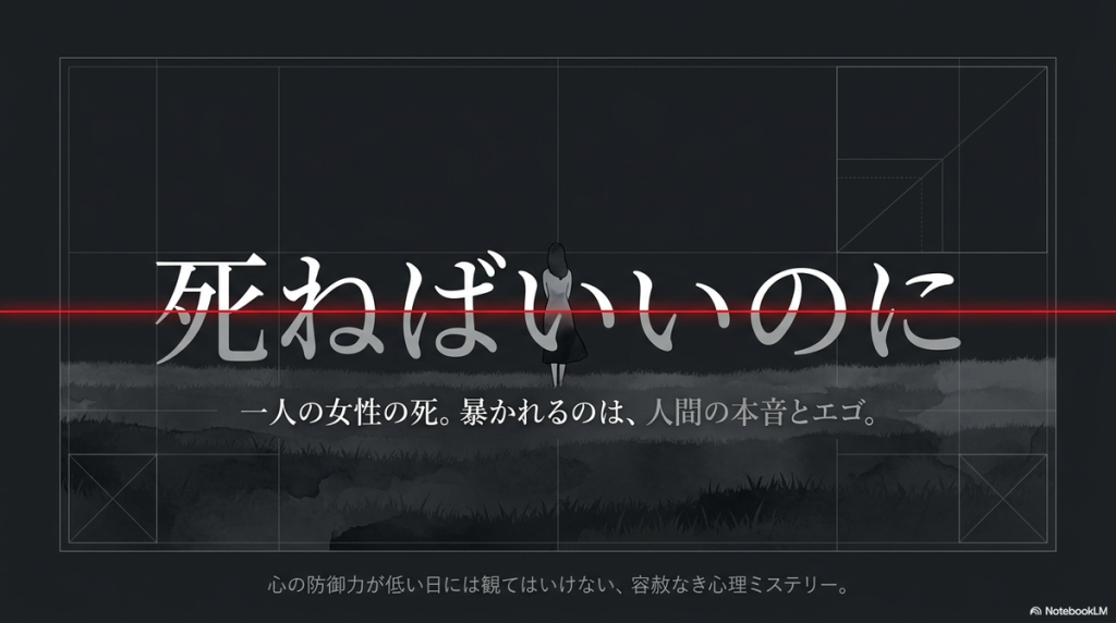 映画『死ねばいいのに』の概要スライド。「一人の女性の死。暴かれるのは、人間の本音とエゴ。心の防御力が低い日には観てはいけない、容赦なき心理ミステリー。」というキャッチコピーが書かれています。