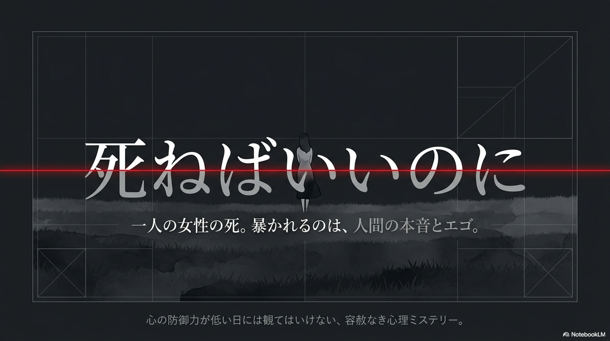 映画『死ねばいいのに』の概要スライド。「一人の女性の死。暴かれるのは、人間の本音とエゴ。心の防御力が低い日には観てはいけない、容赦なき心理ミステリー。」というキャッチコピーが書かれています。