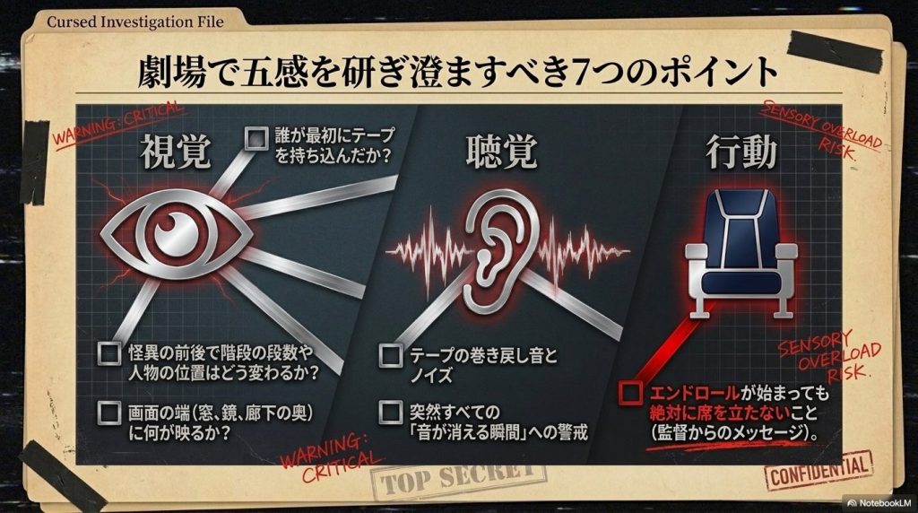 劇場で五感を研ぎ澄ますべき、視覚・聴覚・行動にまつわる7つの鑑賞ポイントをまとめたスライド。