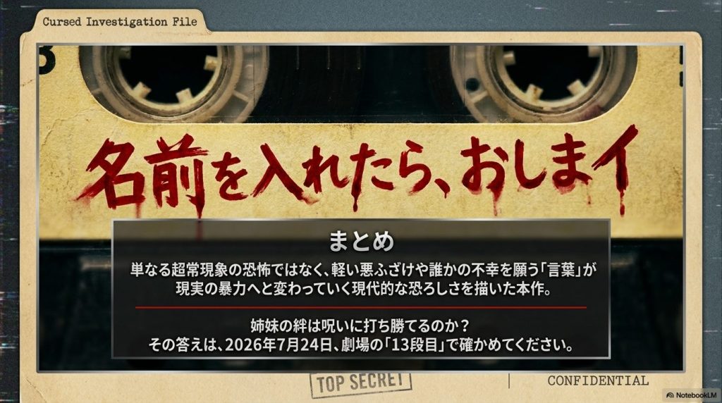 「名前を入れたら、おしまイ」というメッセージとともに、映画の恐ろしさの要点を伝えるまとめスライド。