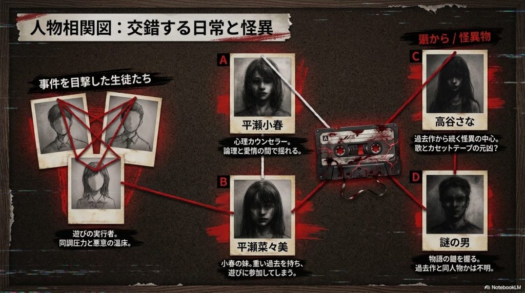 小春、菜々美、高谷さな、謎の男、生徒たちなど、登場人物の立ち位置と関係性を示した相関図スライド。