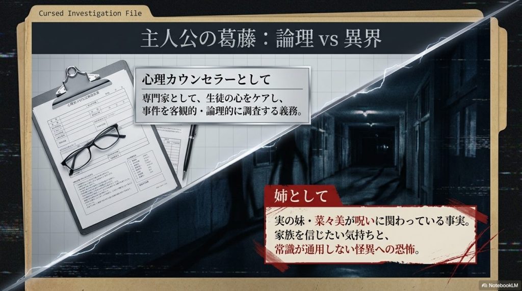 心理カウンセラーとしての論理と、妹を救いたい姉としての愛情の間で揺れる主人公・平瀬小春の葛藤を図解したスライド。