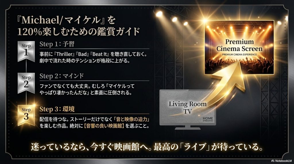 事前の予習、楽しむためのマインド、音響の良い映画館を選ぶことなど、映画を120%楽しむための3ステップをまとめたスライド