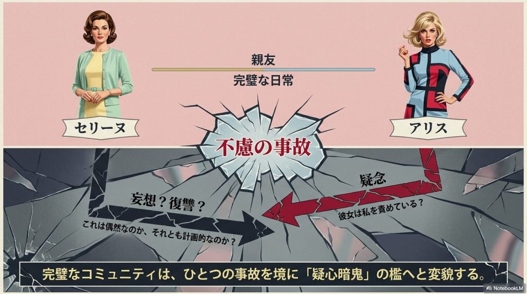 完璧なコミュニティは、ひとつの事故を境に「疑心暗鬼」の檻へと変貌する。親友であるセリーヌとアリスが、不慮の事故をきっかけに疑念を抱き、「彼女は私を責めている？」「妄想？復讐？」と疑心暗鬼に陥る様子を示した図。