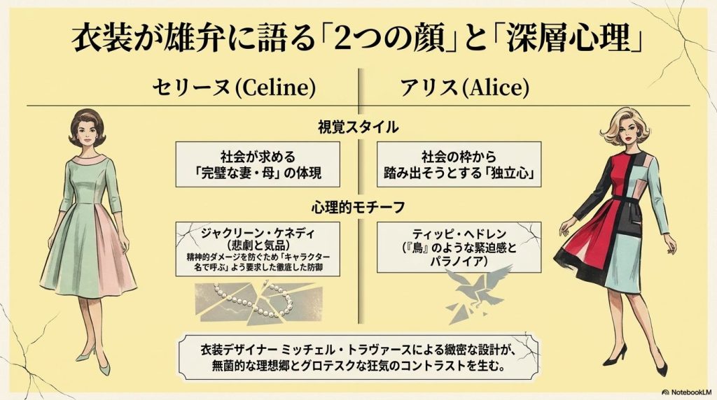 衣装が雄弁に語る「2つの顔」と「深層心理」。セリーヌは社会が求める「完璧な妻・母」を体現し、アリスは社会の枠から踏み出そうとする「独立心」を表現している。緻密な衣装設計が無菌的な理想郷と狂気のコントラストを生むという解説図。