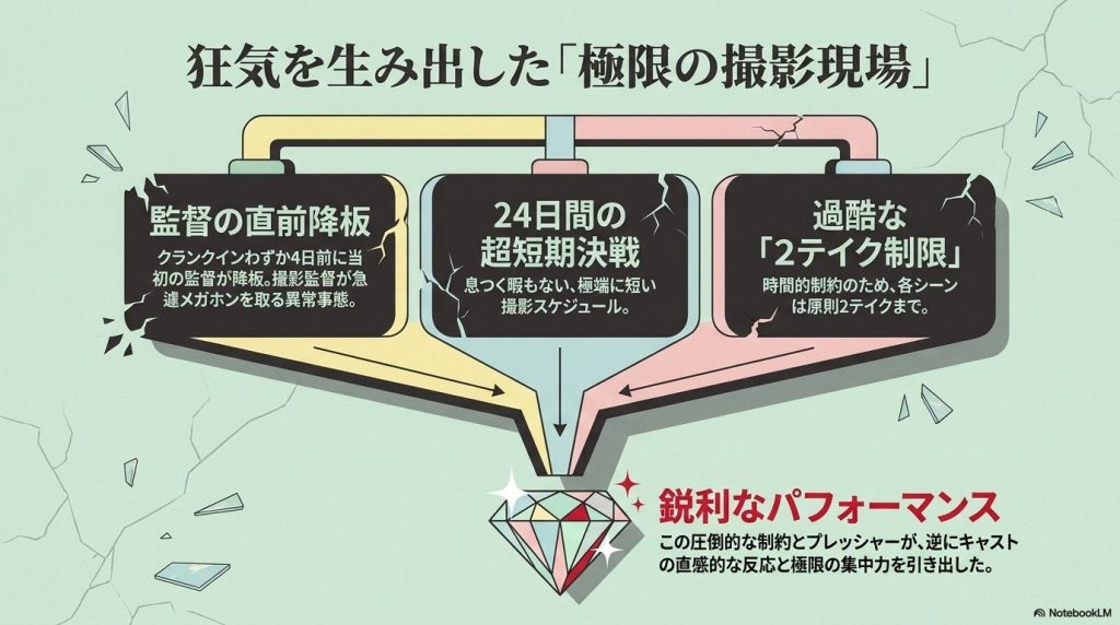 狂気を生み出した「極限の撮影現場」。クランクイン4日前の監督降板、24日間の超短期決戦、過酷な「2テイク制限」といった制約とプレッシャーが、逆にキャストの直感的な反応と極限の集中力を引き出したという解説。
