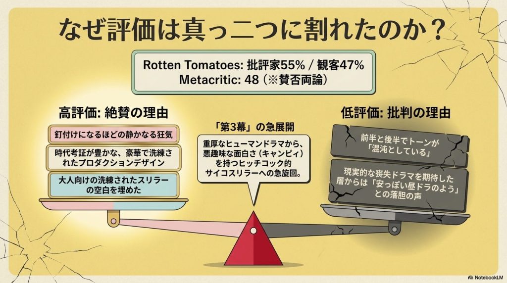 なぜ評価は真っ二つに割れたのか？ 高評価の理由には静かなる狂気やプロダクションデザインへの絶賛があり、低評価の理由には「第3幕」の急展開によるトーンの混沌への批判があることをまとめた図。